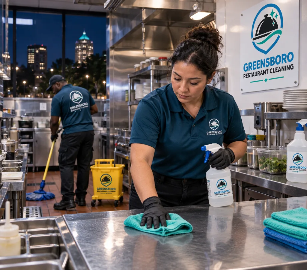 Night cleaning crew sanitizing prep tables and mopping behind the line in a Greensboro restaurant