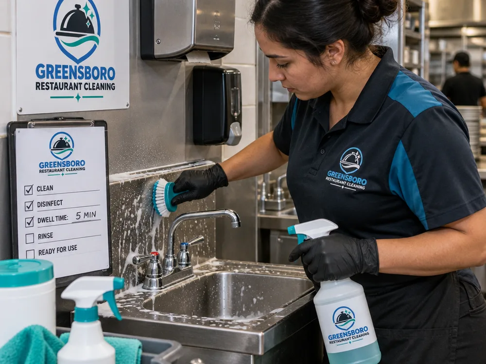 Cleaner detail-scrubbing a restaurant hand sink and backsplash with a sanitation checklist nearby
