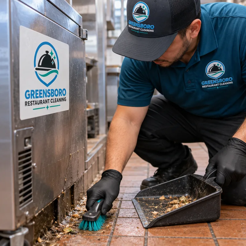 Technician removing debris behind a movable prep cooler in a restaurant kitchen