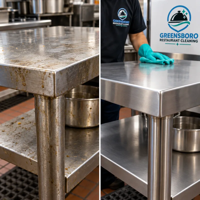 Before and after view of a greasy stainless prep table corner cleaned to a streak-free finish
