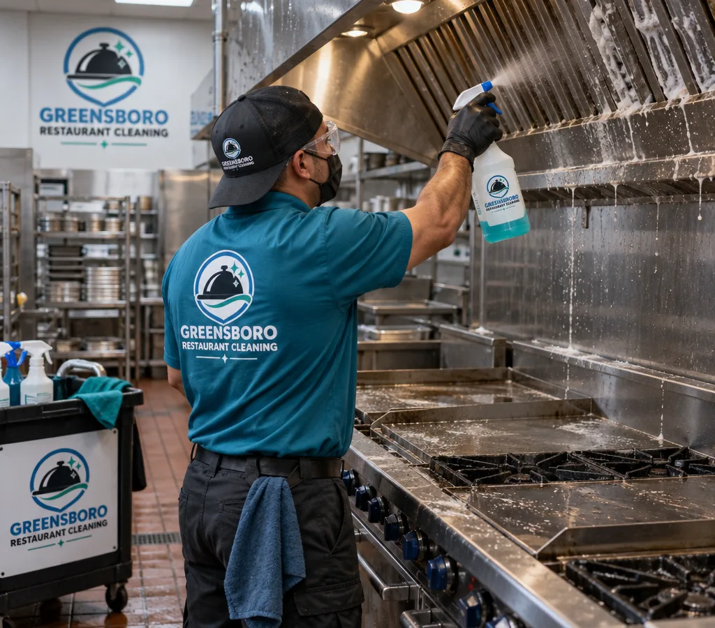 Professional cleaner degreasing a commercial range and hood line in a Greensboro restaurant kitchen