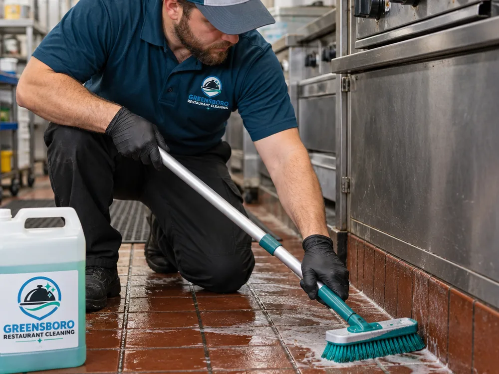 Technician scrubbing greasy quarry tile and grout along a commercial cook line perimeter