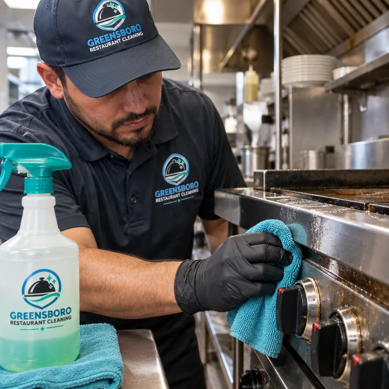 Technician hand-detailing greasy stainless steel equipment edges and control knobs with food-safe degreaser and microfiber cloths