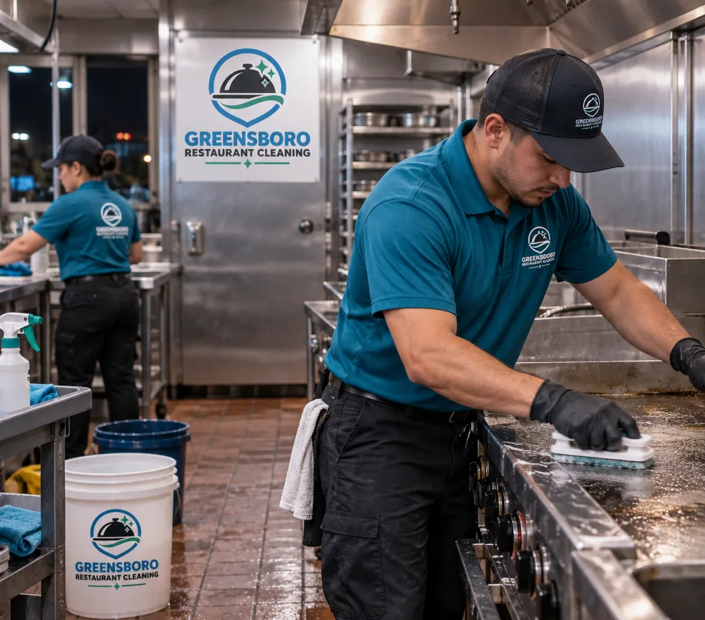 A Greensboro commercial kitchen during an after-hours deep clean with technicians detailing the cookline and stainless surfaces