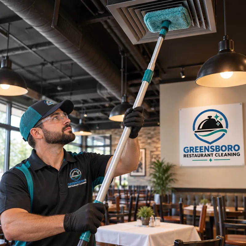 Technician using an extension pole to high-dust vents and light fixtures above a restaurant dining area