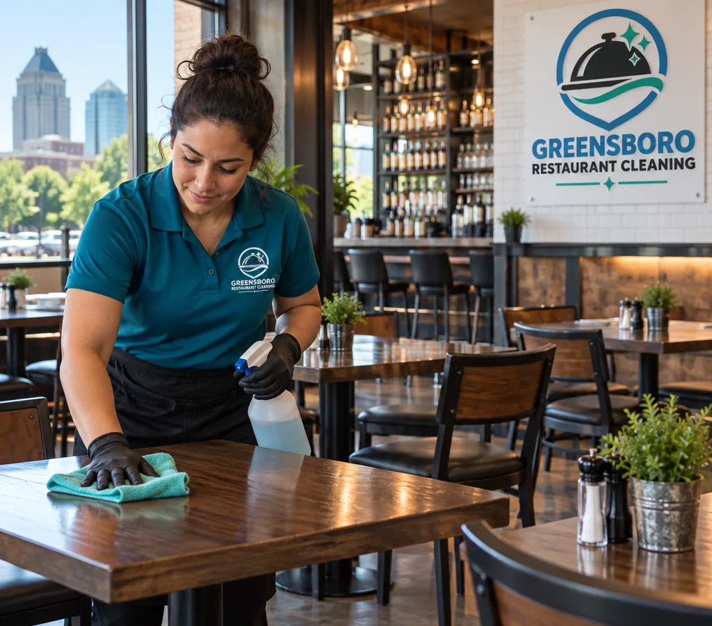 Cleaner sanitizing tables and chair backs in a Greensboro restaurant dining room before opening