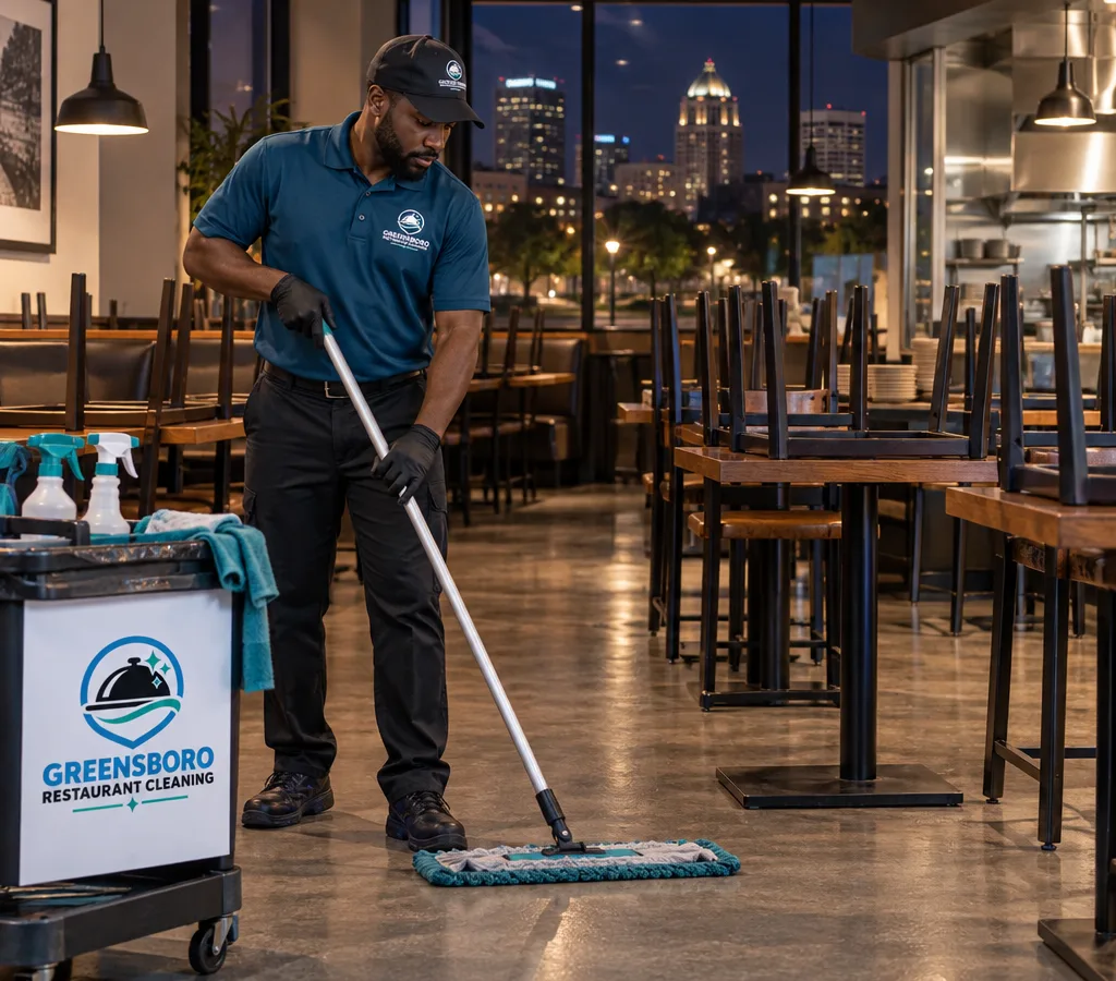 Janitorial technician mopping a closed restaurant dining room after hours with chairs raised and the floor ready to dry