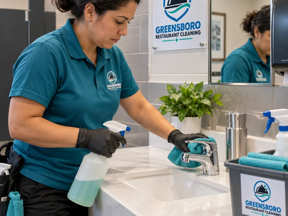 Gloved cleaner disinfecting sink and faucet touchpoints in a well-lit commercial restaurant restroom