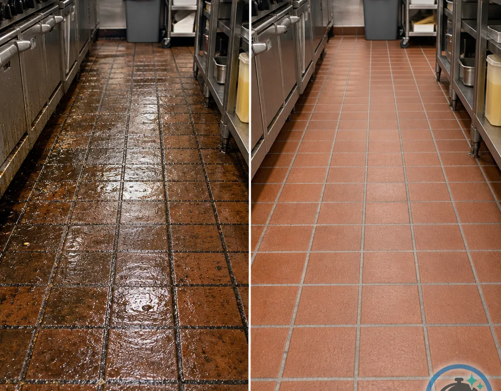 Before and after view of a greasy quarry tile cook-line walkway after floor cleaning