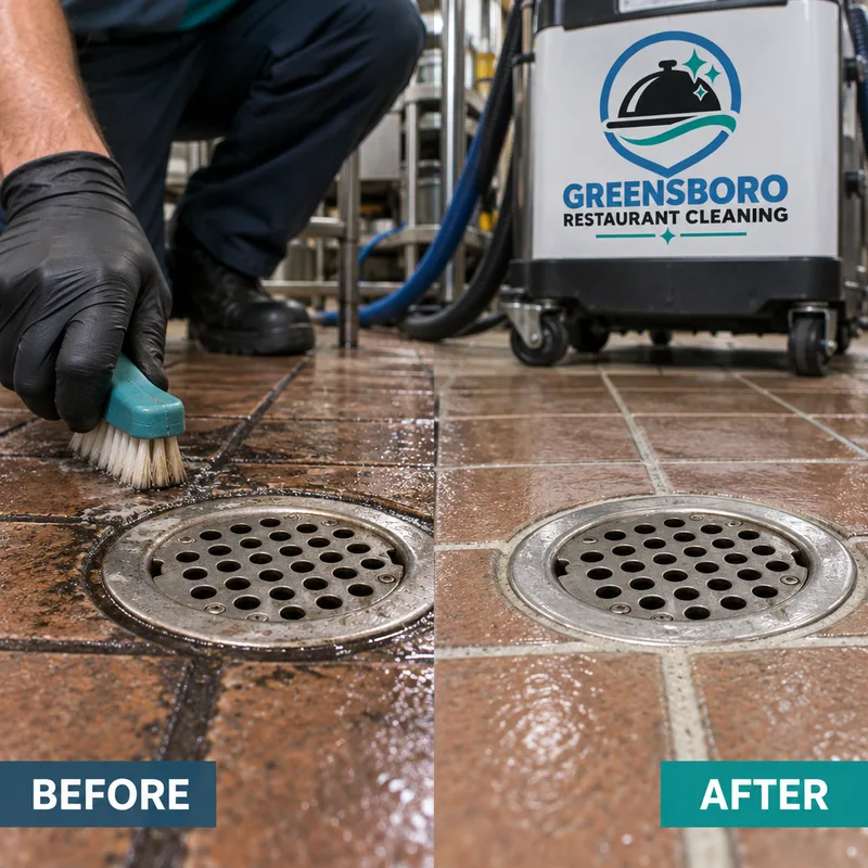 Cleaned grout lines and corners beside a commercial kitchen floor drain