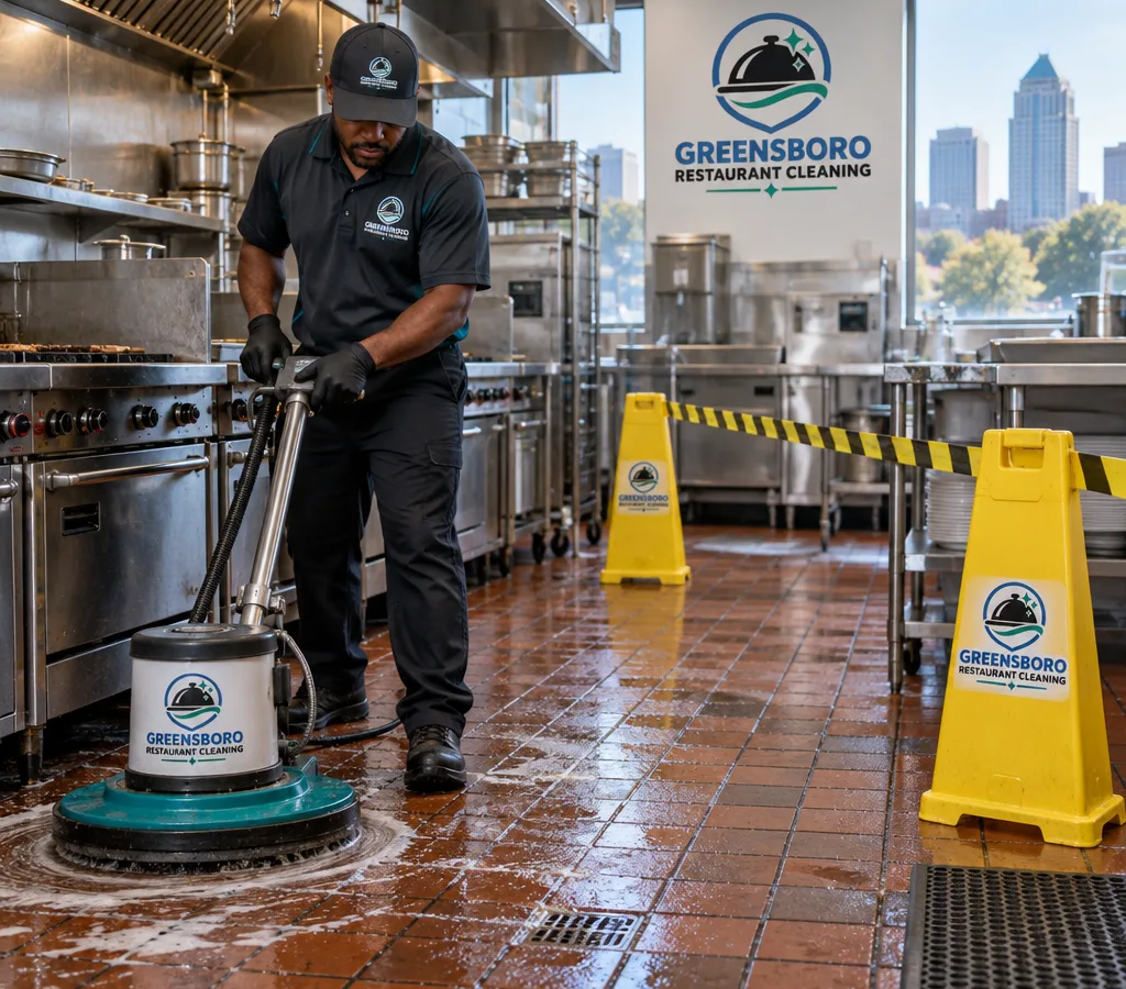Technician machine-scrubbing a greasy quarry tile floor in a working Greensboro commercial kitchen