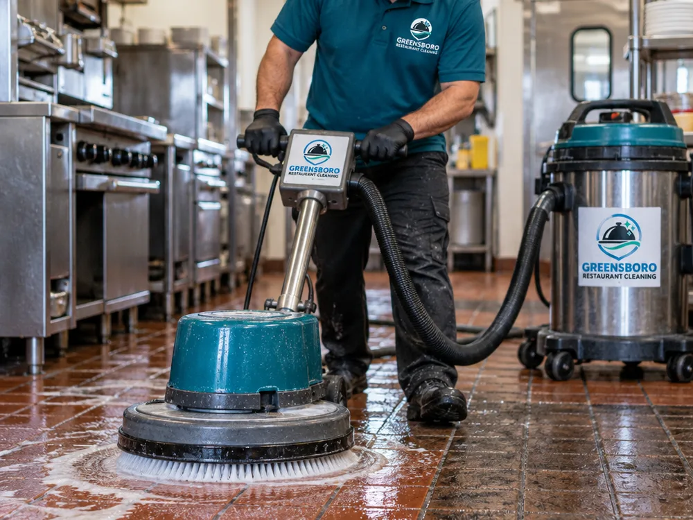 Rotary floor machine scrubbing quarry tile while a wet vacuum recovers slurry from the grout lines