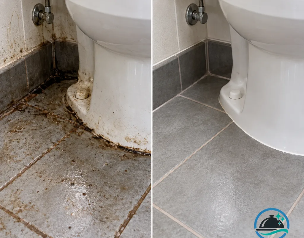 Before and after comparison showing grime removed from a restroom floor corner and toilet base