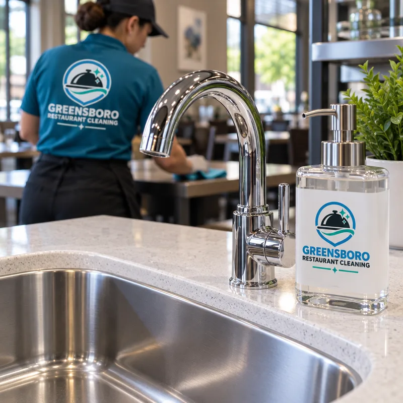 Polished chrome faucet, spotless sink basin, clean counter edge, and filled soap dispenser