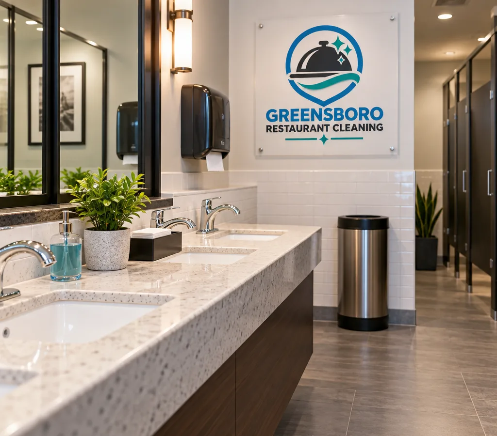 Bright, well-kept commercial restaurant restroom with polished fixtures and stocked dispensers