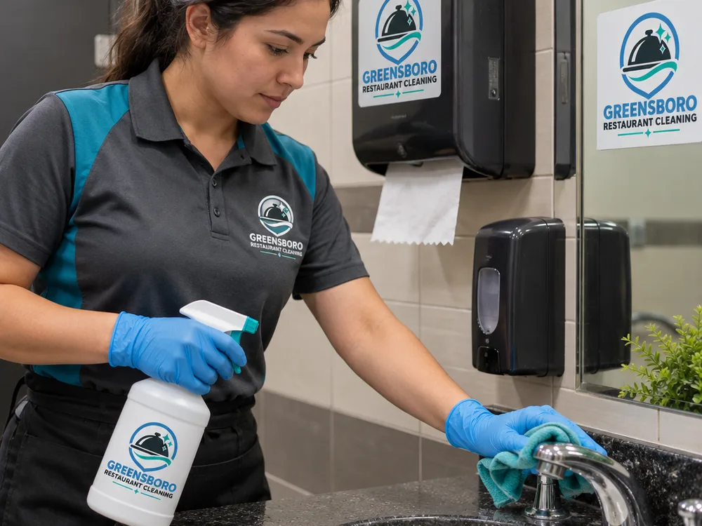 Gloved cleaner disinfecting a commercial restroom sink and faucet with professional supplies