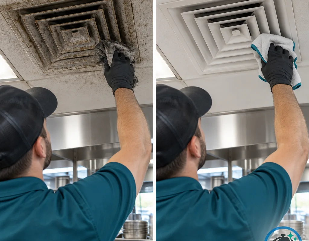 Before and after view of a ceiling vent diffuser above a prep area