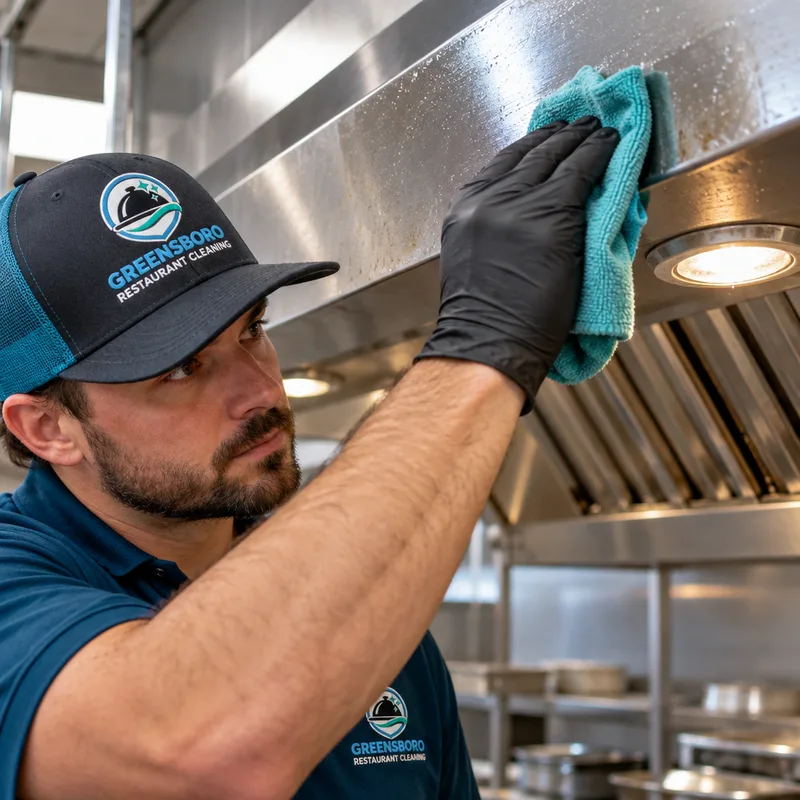 Hand removing greasy dust from a stainless hood edge and nearby light fixture housing