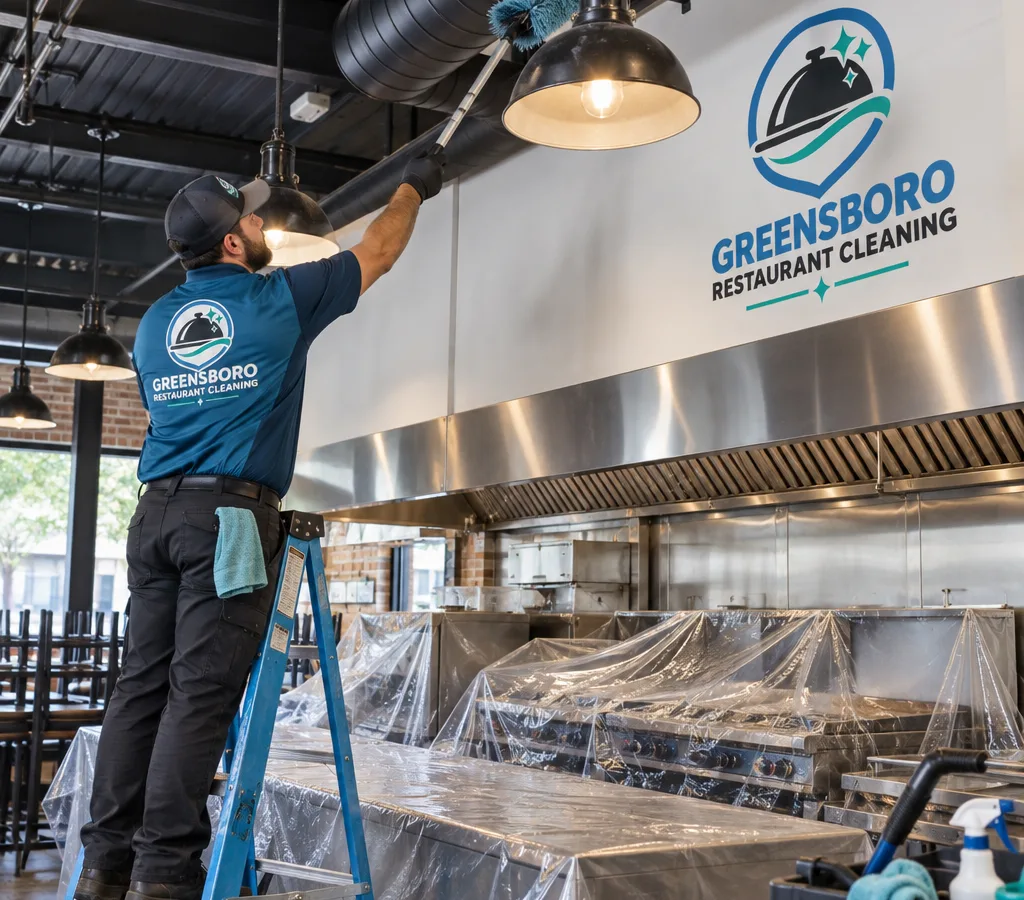 Technician high dusting overhead beams, light fixtures, and ductwork above a protected commercial cookline
