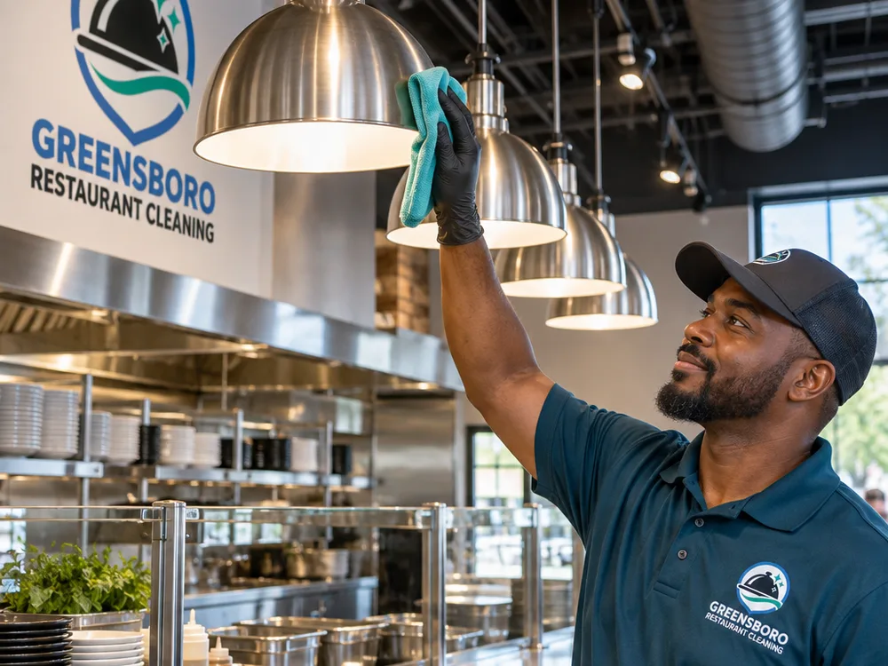 Clean pendant lights and exposed ceiling elements above a restaurant service line