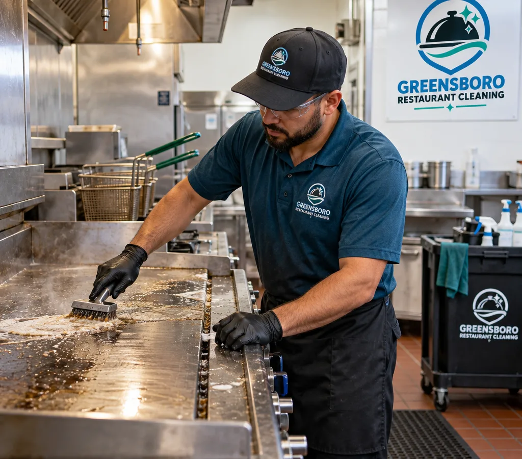 Technician degreasing a commercial restaurant cookline with fryers, a flat top, and stainless splash surfaces in a Burlington-area kitchen