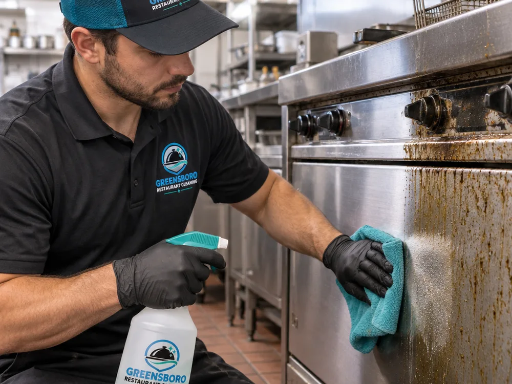 Technician cleaning fryer fronts and stainless panels, revealing clean steel beside greasy residue