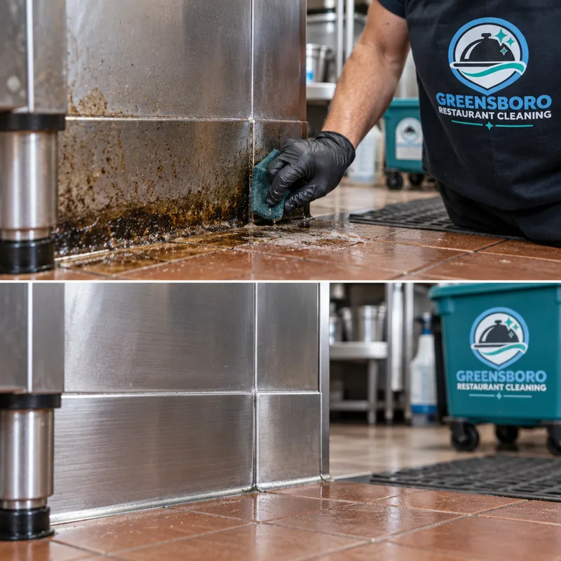 Cleaned commercial kitchen baseboards and floor-wall edge with grease film and corner buildup removed