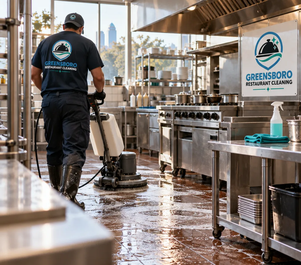 Early-morning commercial restaurant kitchen with stainless prep tables, hood line, and tile floors being professionally cleaned