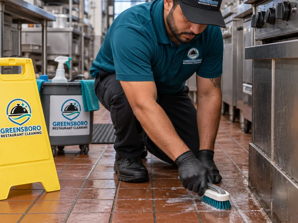 Cleaner detailing quarry tile and grout at the edge of a commercial kitchen line with wet floor signage nearby