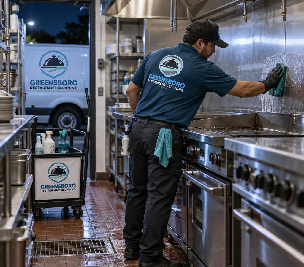 After-hours crew member detailing stainless surfaces, floors, and splash areas along a commercial kitchen line