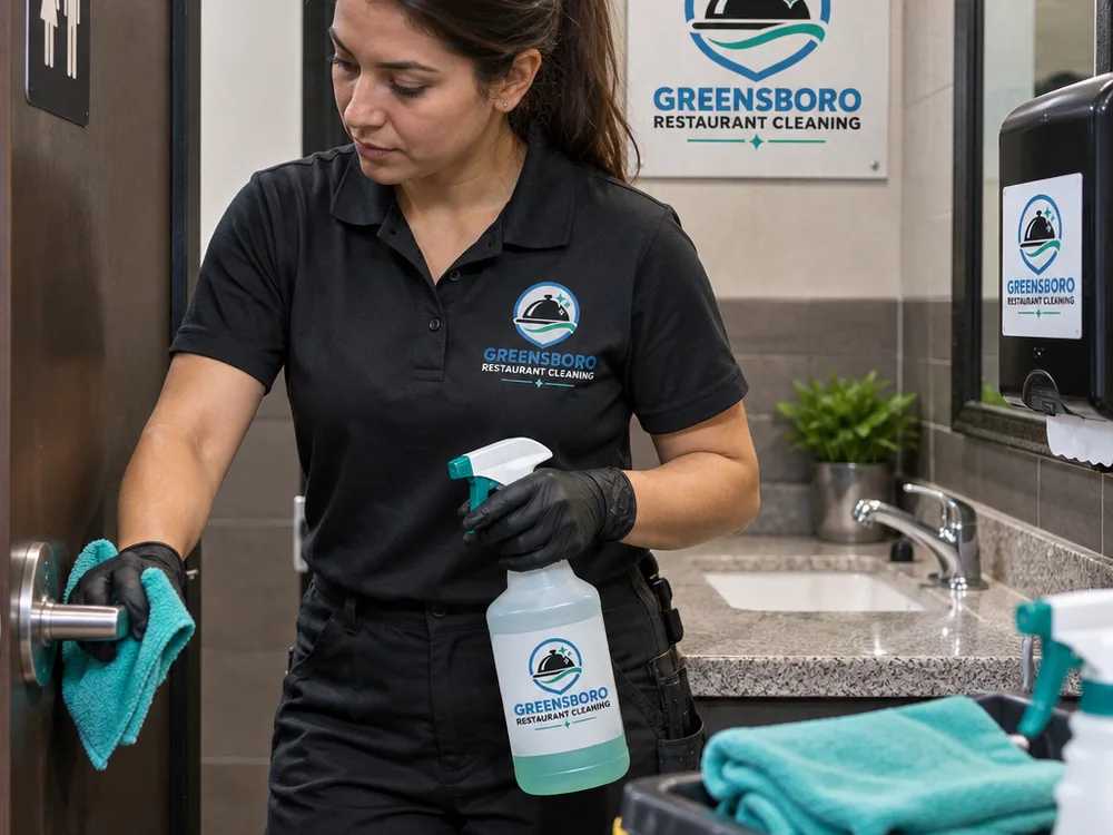 Technician disinfecting high-touch fixtures and dispensers in a restaurant restroom with labeled supplies