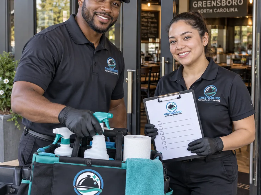 Two-person restaurant cleaning team staging labeled supplies and a checklist before service