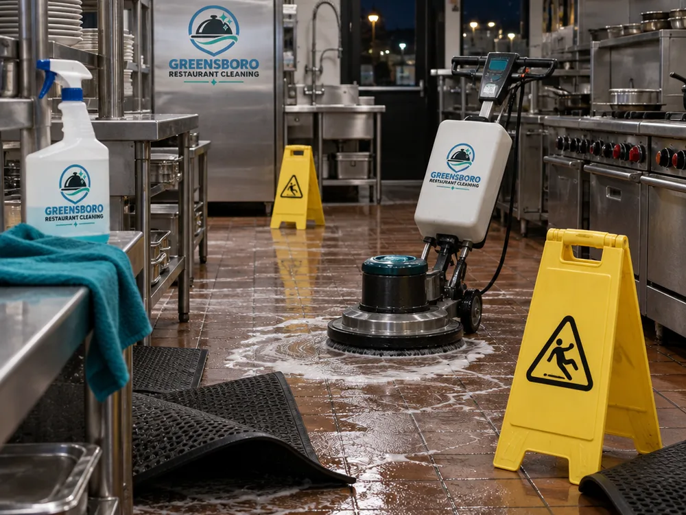 Closed commercial kitchen being scrubbed in sections with mats lifted and wet floor signs in place